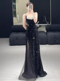Beautiful Mermaid Straps Slit Black Long Prom Dress HZ1022