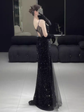 Beautiful Mermaid Straps Slit Black Long Prom Dress HZ1022