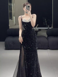 Beautiful Mermaid Straps Slit Black Long Prom Dress HZ1022