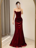 Beautiful Mermaid Strapless Red Velvet Long Prom Dress HZ1022