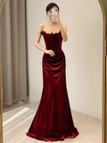 Beautiful Mermaid Strapless Red Velvet Long Prom Dress HZ1022