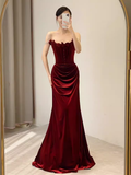 Beautiful Mermaid Strapless Red Velvet Long Prom Dress HZ1022