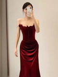 Beautiful Mermaid Strapless Red Velvet Long Prom Dress HZ1022