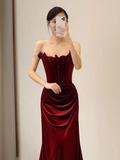 Beautiful Mermaid Strapless Red Velvet Long Prom Dress HZ1022