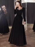Beautiful A line Long Sleeves Black Velvet Long Prom Dress HZ1022