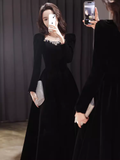 Beautiful A line Long Sleeves Black Velvet Long Prom Dress HZ1022