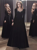 Beautiful A line Long Sleeves Black Velvet Long Prom Dress HZ1022