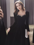 Beautiful A line Long Sleeves Black Velvet Long Prom Dress HZ1022