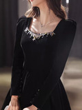 Beautiful A line Long Sleeves Black Velvet Long Prom Dress HZ1022