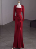 Simple Sheath Long Sleeves Red Prom Dress Evening Dress HZ1022