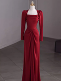Simple Sheath Long Sleeves Red Prom Dress Evening Dress HZ1022
