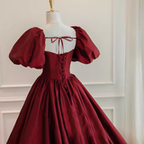 Beautiful Ball Gown Square Neckline Satin Long Burgundy Prom Dress HZ1022
