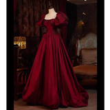 Beautiful Ball Gown Square Neckline Satin Long Burgundy Prom Dress HZ1022