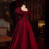 Beautiful Ball Gown Square Neckline Satin Long Burgundy Prom Dress HZ1022