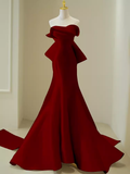 Simple Mermaid Strapless Long Red Prom Dress Evening Dress HZ1022