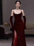 Beautiful Mermaid Straps Slit Burgundy Long Prom Dress HZ1022