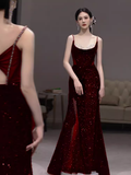Beautiful Mermaid Straps Slit Burgundy Long Prom Dress HZ1022
