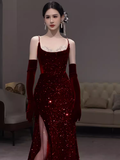 Beautiful Mermaid Straps Slit Burgundy Long Prom Dress HZ1022