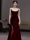 Beautiful Mermaid Straps Slit Burgundy Long Prom Dress HZ1022