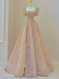 Sparkle A line Square Neckline Sequin Pink Long Prom Dress HZ1022