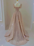 Sparkle A line Square Neckline Sequin Pink Long Prom Dress HZ1022