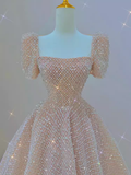 Sparkle A line Square Neckline Sequin Pink Long Prom Dress HZ1022
