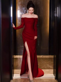 Simple Mermaid Off The Shoulder Long Red Prom Dress HZ1022