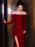 Simple Mermaid Off The Shoulder Long Red Prom Dress HZ1022