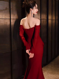 Simple Mermaid Off The Shoulder Long Red Prom Dress HZ1022