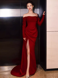Simple Mermaid Off The Shoulder Long Red Prom Dress HZ1022