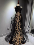 Modest Mermaid Halter Long Black Prom Dress HZ1022