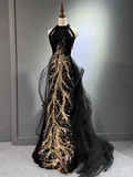 Modest Mermaid Halter Long Black Prom Dress HZ1022