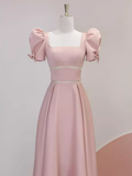 Modest A Line Short Sleeves Long Pink Prom Dress HZ1022