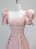 Modest A Line Short Sleeves Long Pink Prom Dress HZ1022