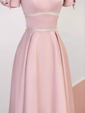Modest A Line Short Sleeves Long Pink Prom Dress HZ1022
