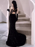 Modest Mermaid Straps Sleeveless Long Black Sequin Prom Dress HZ1022