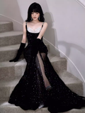 Modest Mermaid Straps Sleeveless Long Black Sequin Prom Dress HZ1022