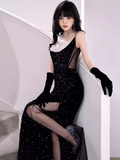 Modest Mermaid Straps Sleeveless Long Black Sequin Prom Dress HZ1022