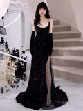 Modest Mermaid Straps Sleeveless Long Black Sequin Prom Dress HZ1022