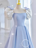 Modest Princess Short Sleeves Long Blue Satin Prom Dress HZ1022