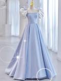 Modest Princess Short Sleeves Long Blue Satin Prom Dress HZ1022