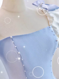 Modest Princess Short Sleeves Long Blue Satin Prom Dress HZ1022
