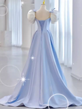 Modest Princess Short Sleeves Long Blue Satin Prom Dress HZ1022