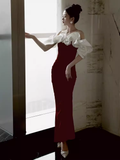 Modest Mermaid Off The Shoulder Long Red Satin Prom Dress HZ1022