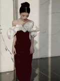 Modest Mermaid Off The Shoulder Long Red Satin Prom Dress HZ1022