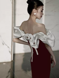 Modest Mermaid Off The Shoulder Long Red Satin Prom Dress HZ1022