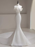 Vintage Mermaid Off The Shoulder Long White Satin Wedding Dresses HZ1022