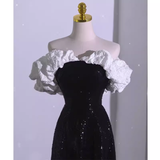 Sexy A line Off The Shoulder Long Black Sequin Prom Dress HZ1022
