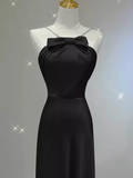 Sexy A line Halter Long Black Satin Prom Dress HZ1022