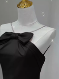 Sexy A line Halter Long Black Satin Prom Dress HZ1022